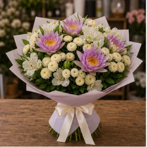 Buchet Nuferi lila cu santini crem - poza 1