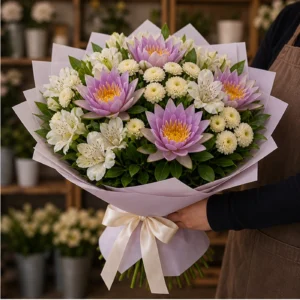 Buchet Nuferi lila cu santini crem - poza 2
