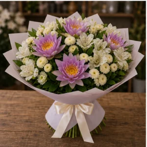 Buchet Nuferi lila cu santini crem - poza 3