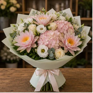 Buchet Nuferi lux pastel cu hortensie - poza 1