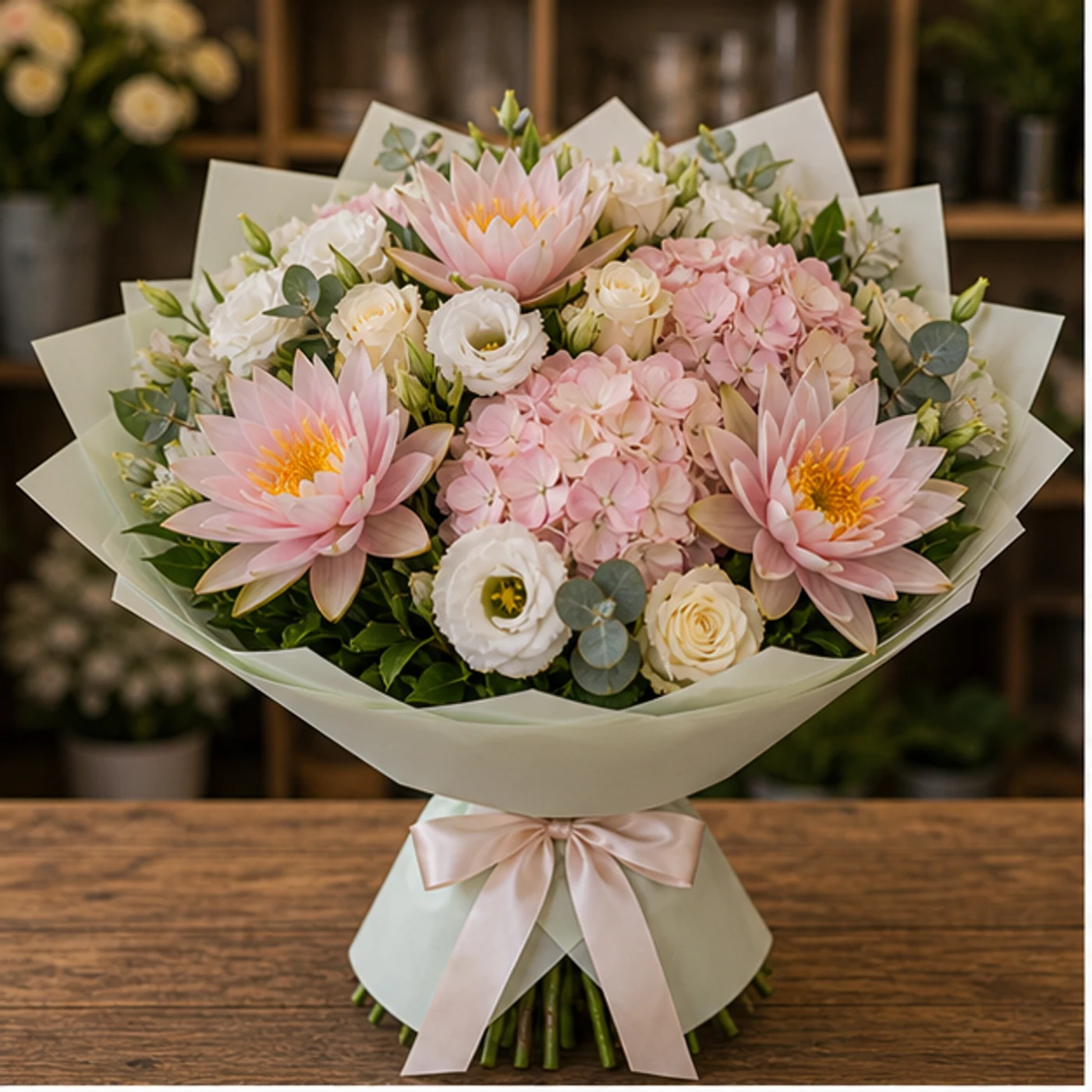 Buchet Nuferi lux pastel cu hortensie - poza 1