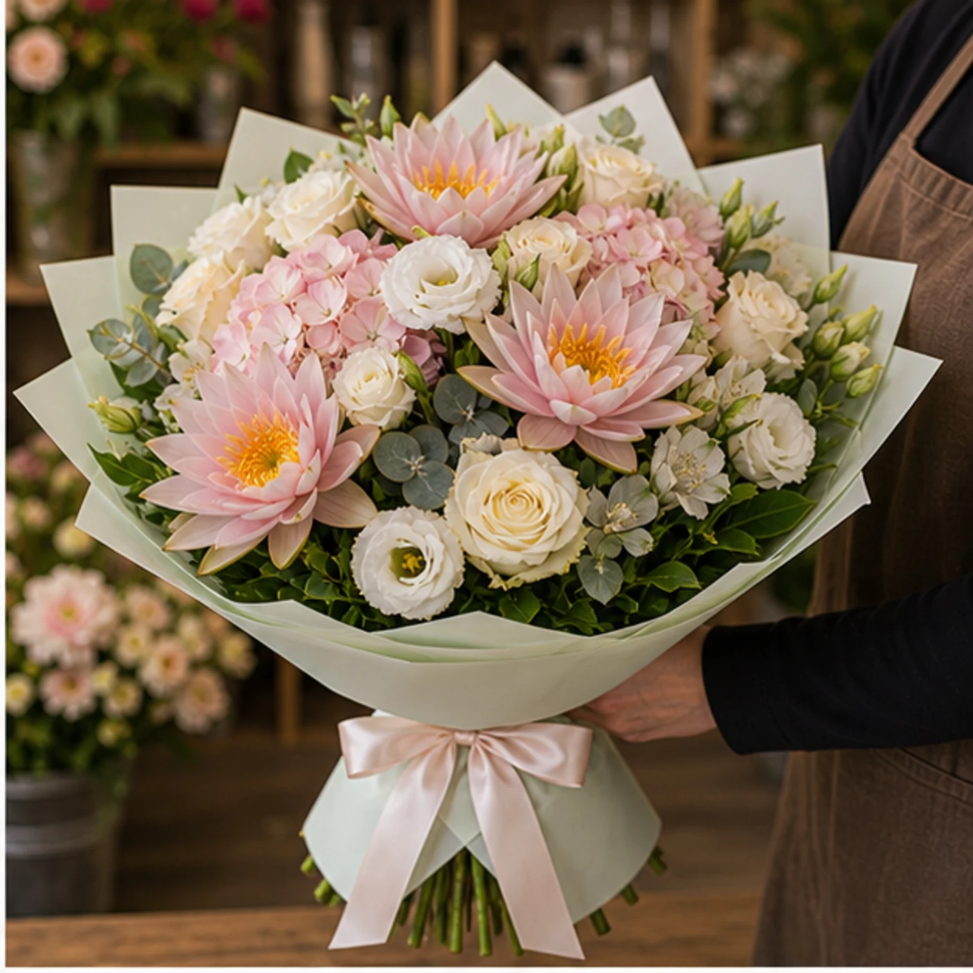 Buchet Nuferi lux pastel cu hortensie - poza 2