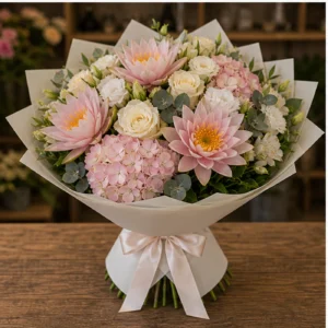 Buchet Nuferi lux pastel cu hortensie - poza 3