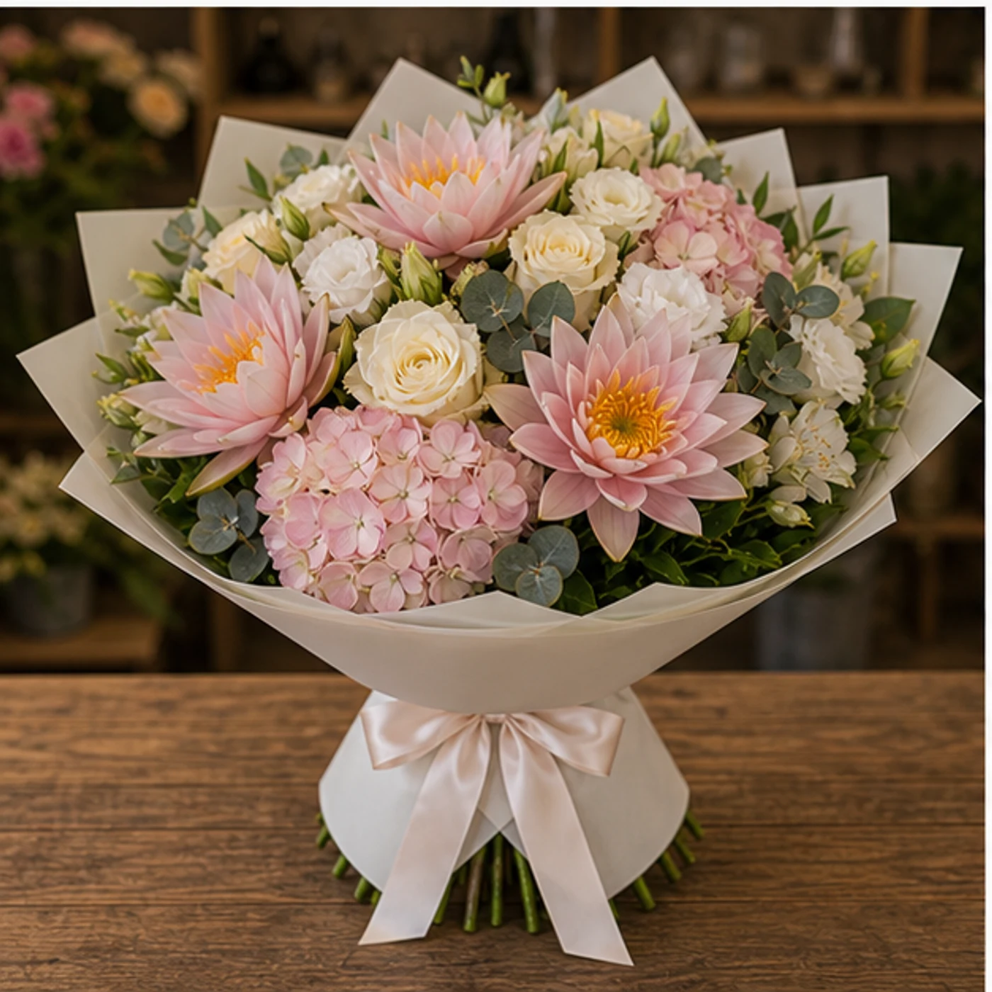 Buchet Nuferi lux pastel cu hortensie - poza 3