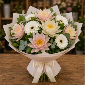 Buchet Nuferi pastel cu gerbera alba - poza 1