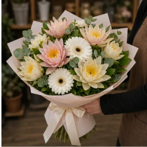 Buchet Nuferi pastel cu gerbera alba - poza 2