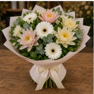 Buchet Nuferi pastel cu gerbera alba - poza 3