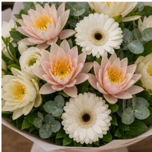 Buchet Nuferi pastel cu gerbera alba - poza 4