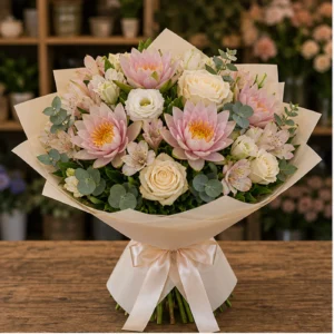 Buchet Nuferi pastel cu trandafiri crem - poza 1