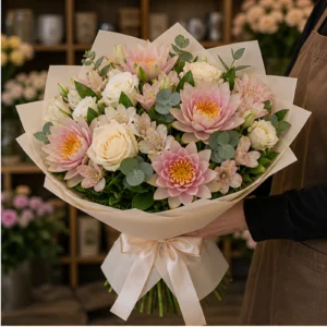 Buchet Nuferi pastel cu trandafiri crem - poza 2