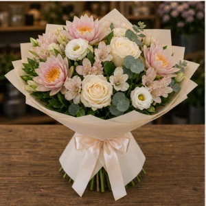 Buchet Nuferi pastel cu trandafiri crem - poza 3