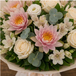 Buchet Nuferi pastel cu trandafiri crem - poza 4