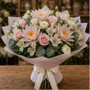 Buchet Nuferi premium pastel cu trandafiri - poza 1