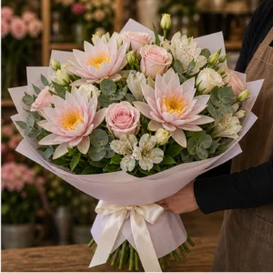 Buchet Nuferi premium pastel cu trandafiri - poza 2