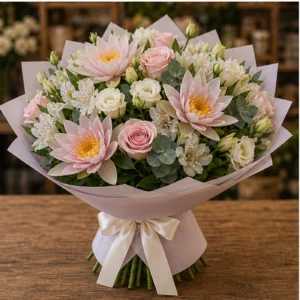 Buchet Nuferi premium pastel cu trandafiri - poza 3