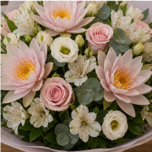 Buchet Nuferi premium pastel cu trandafiri - poza 4