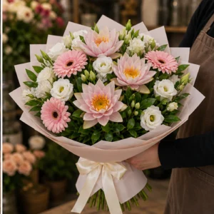 Buchet Nuferi rafinat roz cu gerbera - poza 2