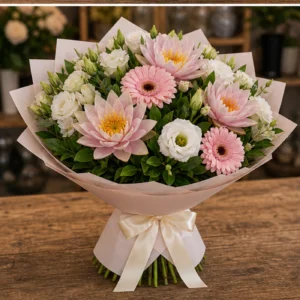 Buchet Nuferi rafinat roz cu gerbera - poza 3