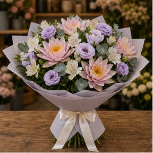 Buchet Nuferi romantic cu lisianthus lila - poza 1