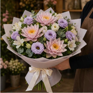 Buchet Nuferi romantic cu lisianthus lila - poza 2