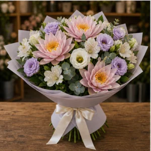 Buchet Nuferi romantic cu lisianthus lila - poza 3
