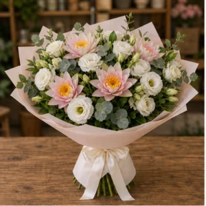 Buchet Nuferi roz pal cu lisianthus alb - poza 1