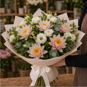 Buchet Nuferi roz pal cu lisianthus alb - poza 2