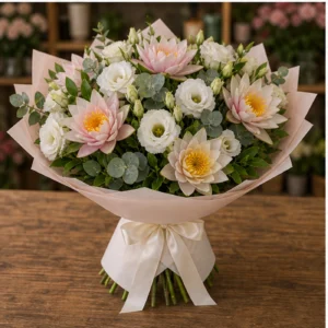 Buchet Nuferi roz pal cu lisianthus alb - poza 3