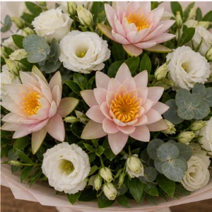Buchet Nuferi roz pal cu lisianthus alb - poza 4