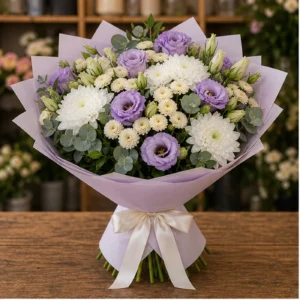 Buchet Online lila cu lisianthus si santini - poza 1