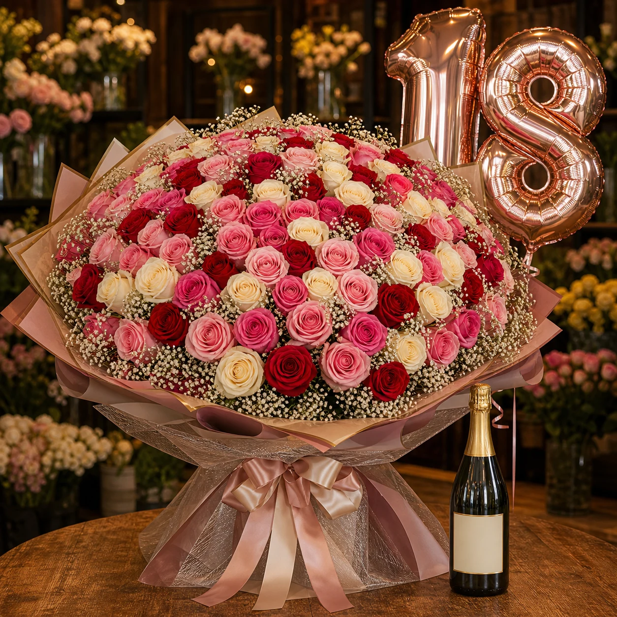 Buchet premium 18 ani cu 101 trandafiri si prosecco - poza 1