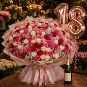 Buchet premium 18 ani cu 101 trandafiri si prosecco - poza 2