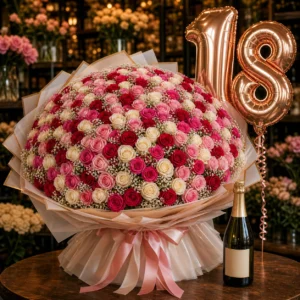 Buchet premium 18 ani cu 101 trandafiri si prosecco - poza 3