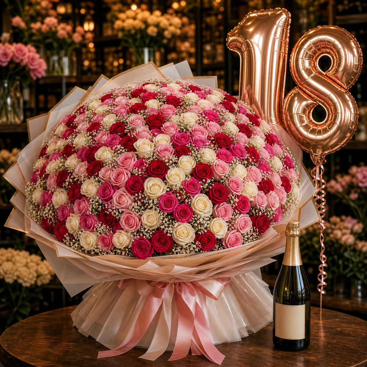 Buchet premium 18 ani cu 101 trandafiri si prosecco - poza 3