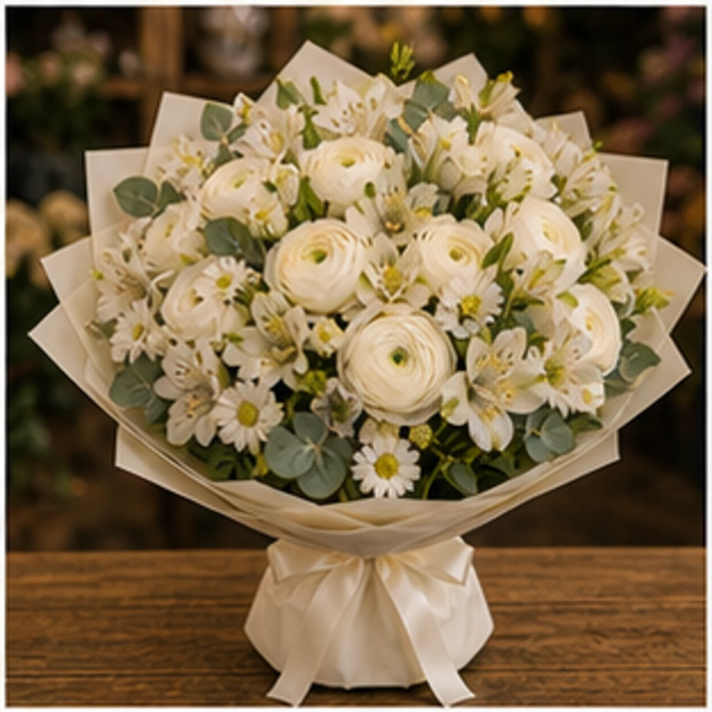 Buchet Ranunculus alb cu alstroemeria crem - poza 1