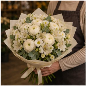 Buchet Ranunculus alb cu alstroemeria crem - poza 2