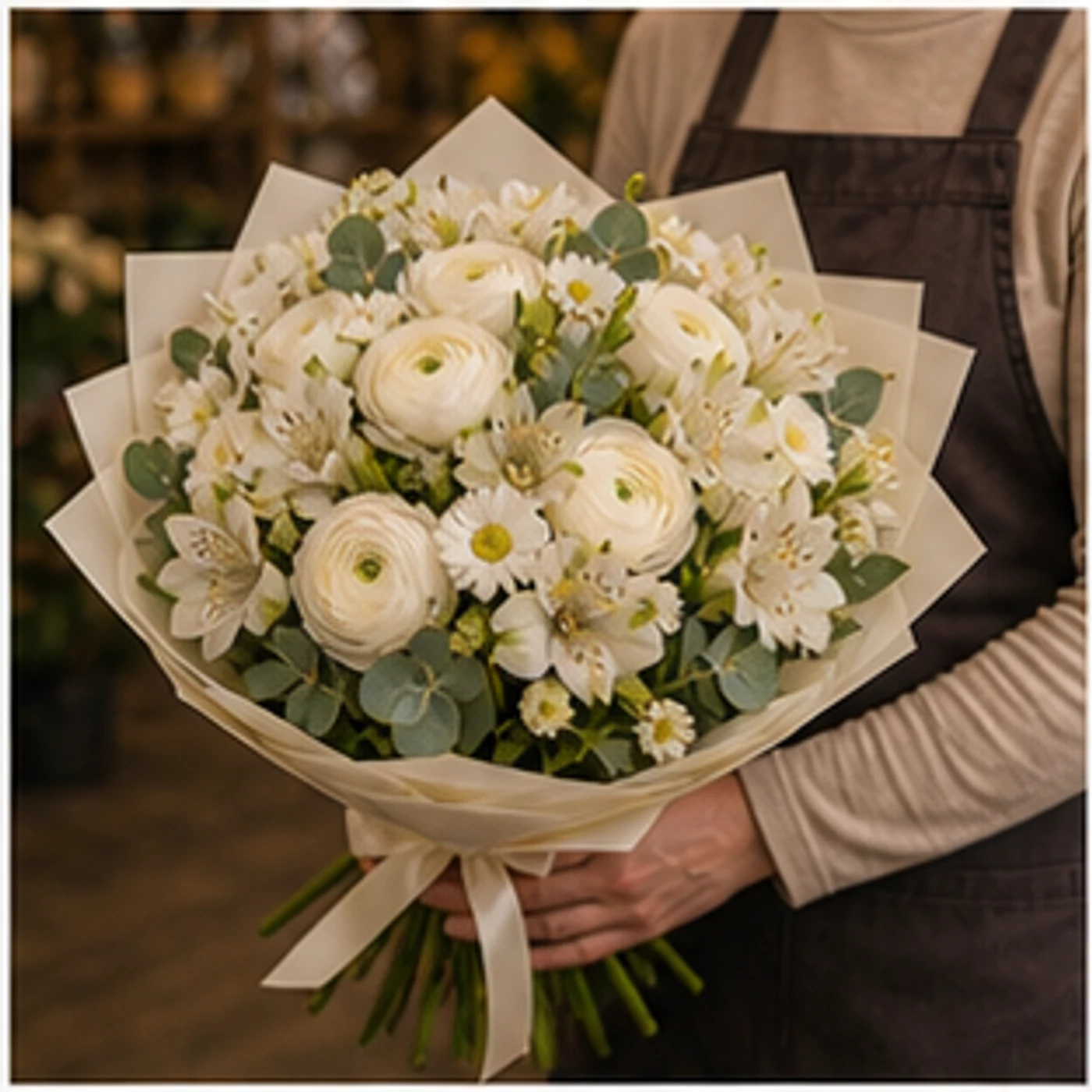 Buchet Ranunculus alb cu alstroemeria crem - poza 2