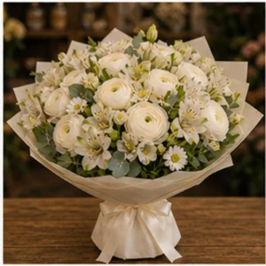 Buchet Ranunculus alb cu alstroemeria crem - poza 3