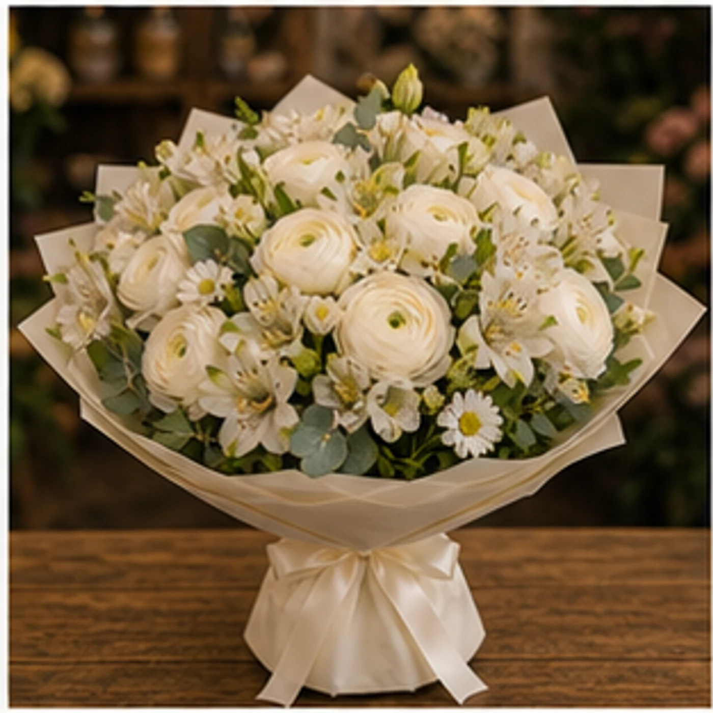 Buchet Ranunculus alb cu alstroemeria crem - poza 3