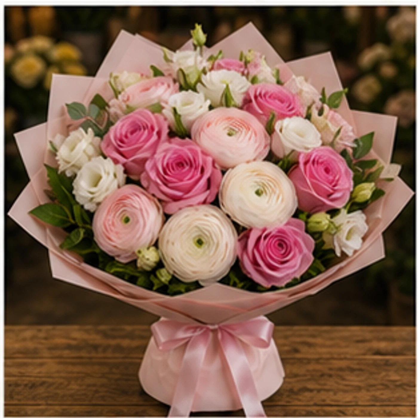 Buchet Ranunculus alb roz cu trandafiri - poza 1