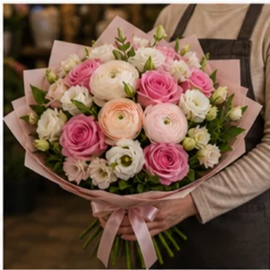 Buchet Ranunculus alb roz cu trandafiri - poza 2