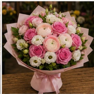 Buchet Ranunculus alb roz cu trandafiri - poza 3