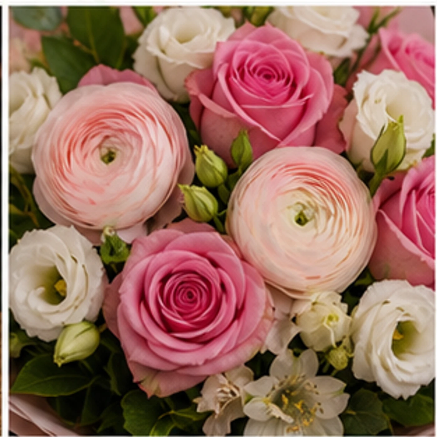 Buchet Ranunculus alb roz cu trandafiri - poza 4