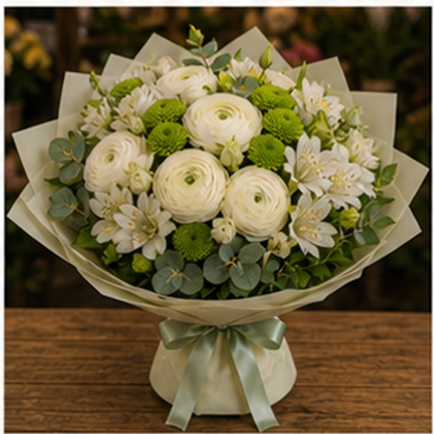 Buchet Ranunculus crem cu santini verde - poza 1