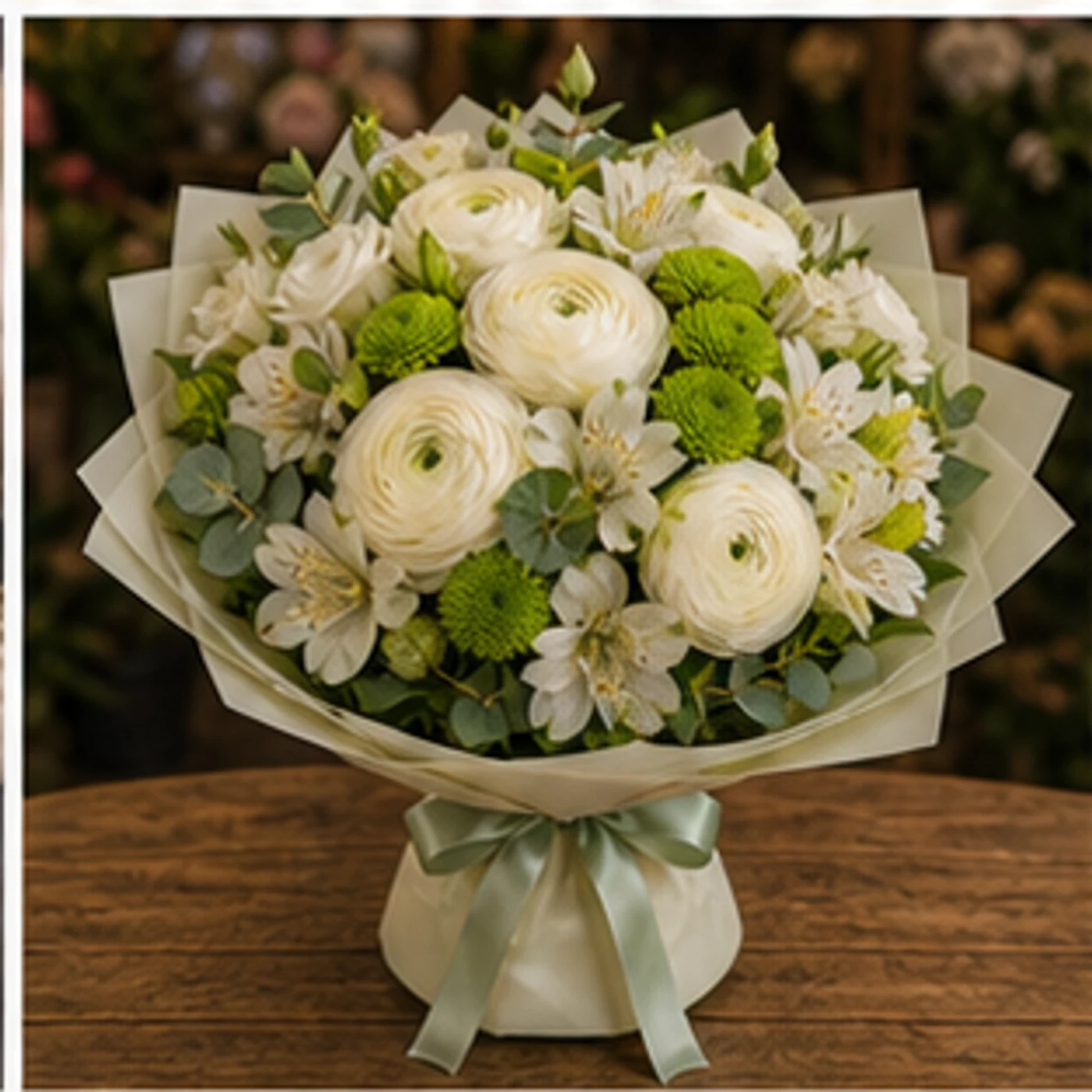 Buchet Ranunculus crem cu santini verde - poza 3