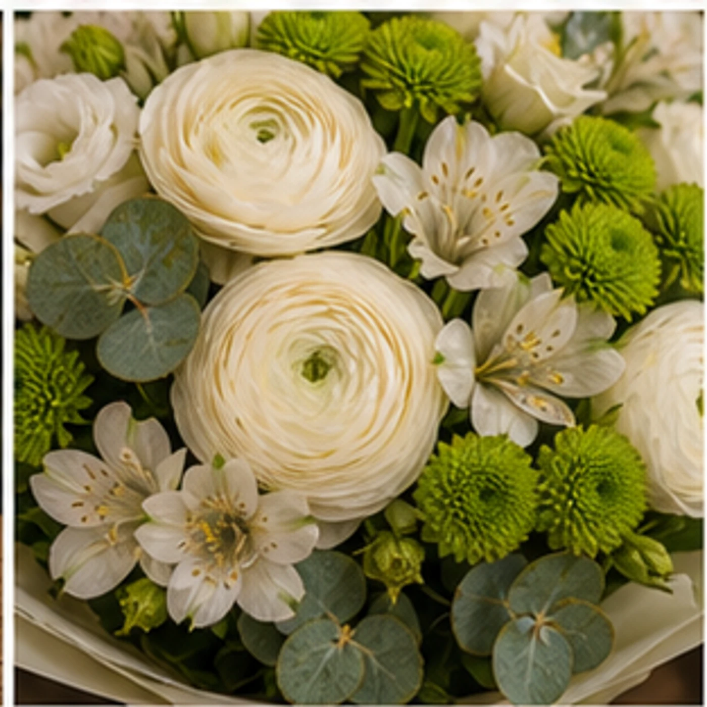 Buchet Ranunculus crem cu santini verde - poza 4