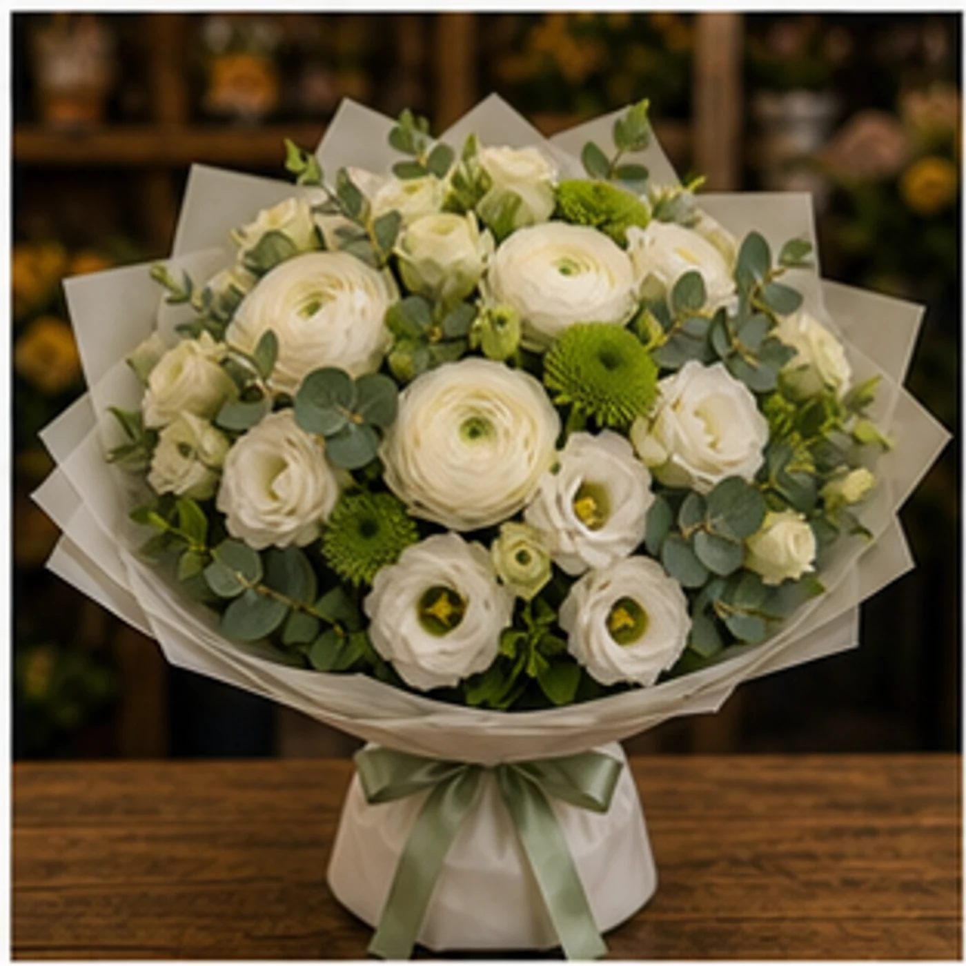 Buchet Ranunculus elegant alb verde - poza 1