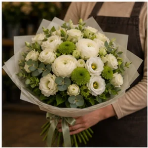 Buchet Ranunculus elegant alb verde - poza 2