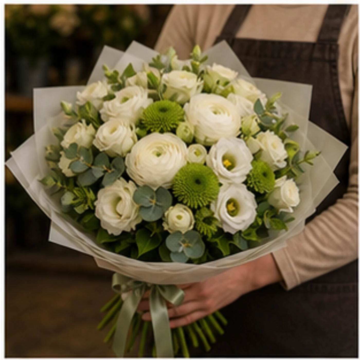 Buchet Ranunculus elegant alb verde - poza 2