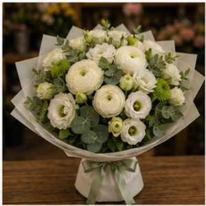 Buchet Ranunculus elegant alb verde - poza 3